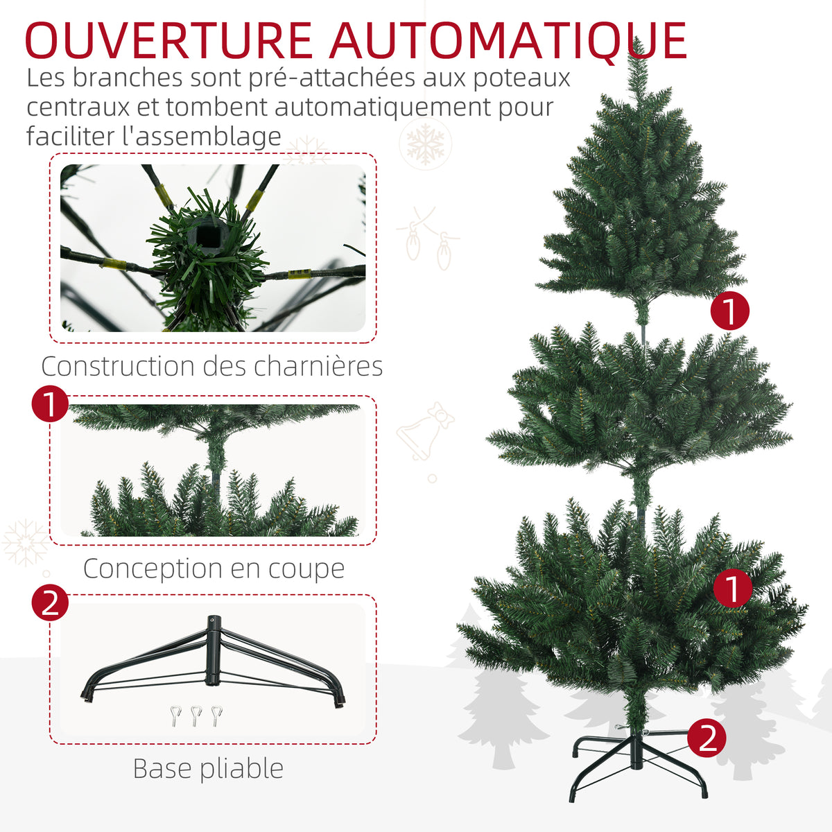 Sapin de Noël artificiel 305 branches avec pied croix acier amovible Ø 85 x 120H cm vert