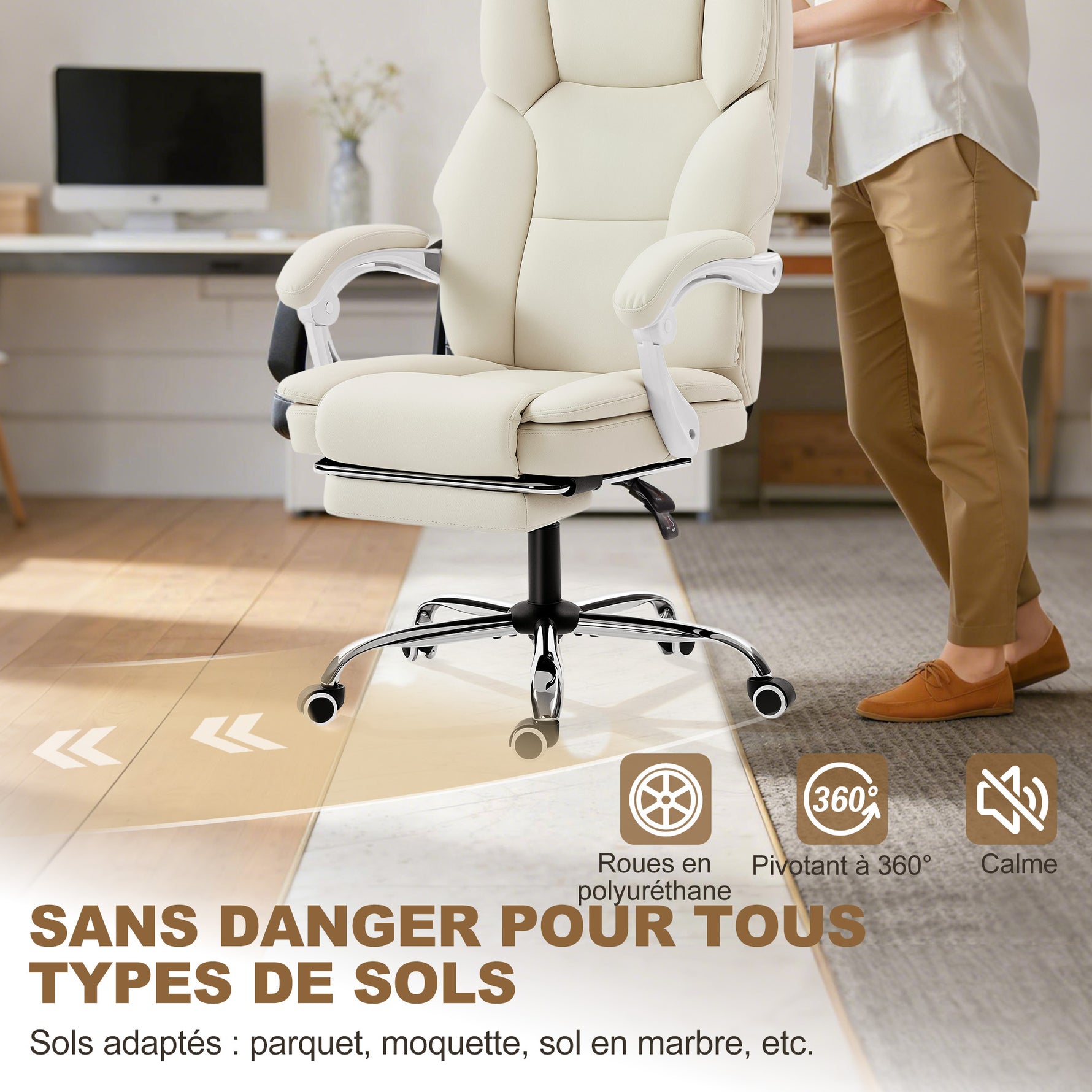 Chaise bureau ergonomique, fauteuil de bureau avec dossier inclinable, hauteur réglable, 64x73x112-120cm, beige