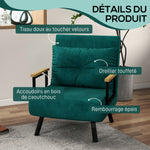 Fauteuil convertible 1 place fauteuil-lit chauffeuse 3 en 1 dossier réglable oreiller tissu velours 63x73x81cm vert