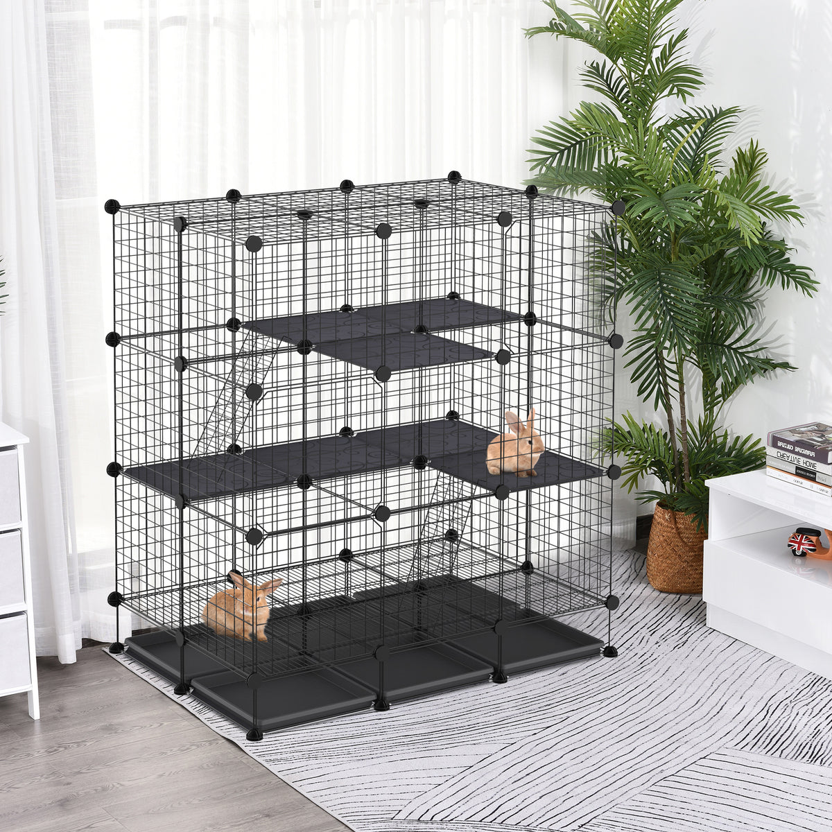 Cage parc enclos rongeurs modulable dim. L 111 x l 75 x H 119 cm 3 niveaux 4 portes fil métallique noir
