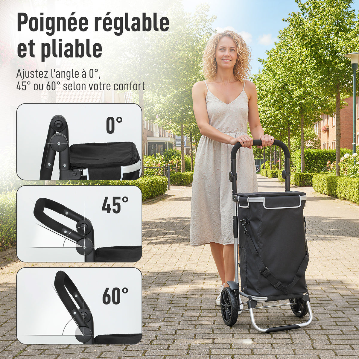 Chariot de courses pliable 40 L caddie de courses portable à roulettes avec poignée télescopique, 45,5x35,5x97cm, noir