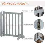 Barrière de Sécurité Chien Pliable Double Face en Bois, 4 Panneaux avec Porte, Pieds de Support, 205 x 60 cm, Gris