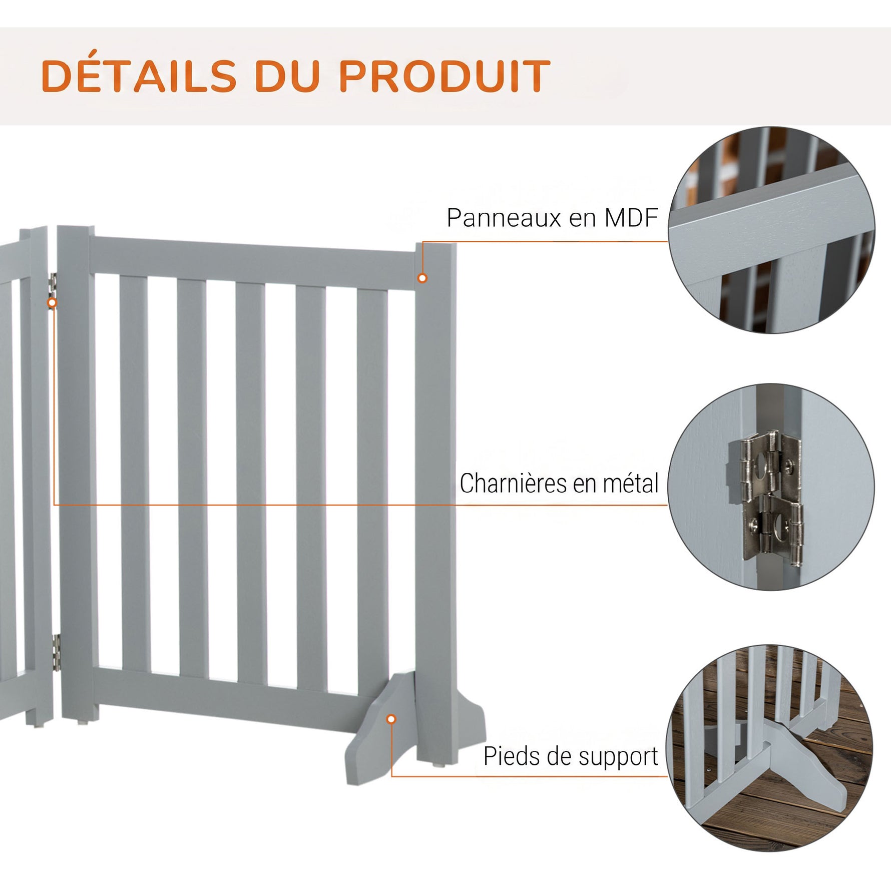 Barrière de Sécurité Chien Pliable Double Face en Bois, 4 Panneaux avec Porte, Pieds de Support, 205 x 60 cm, Gris