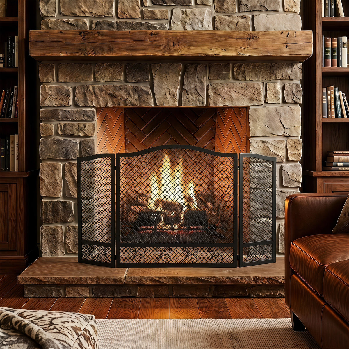 Pare Feu Cheminée Pliable 3 Panneaux, Pare-Étincelles Cheminée, Motif Floral, Métal, 107 x 60 cm, Noir-7