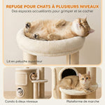 Arbre à Chat Multi-Niveaux avec Tonneau, Double Niche, Lit, Plateforme, Poteaux à Griffer en Sisal, 55x39x90cm, Beige