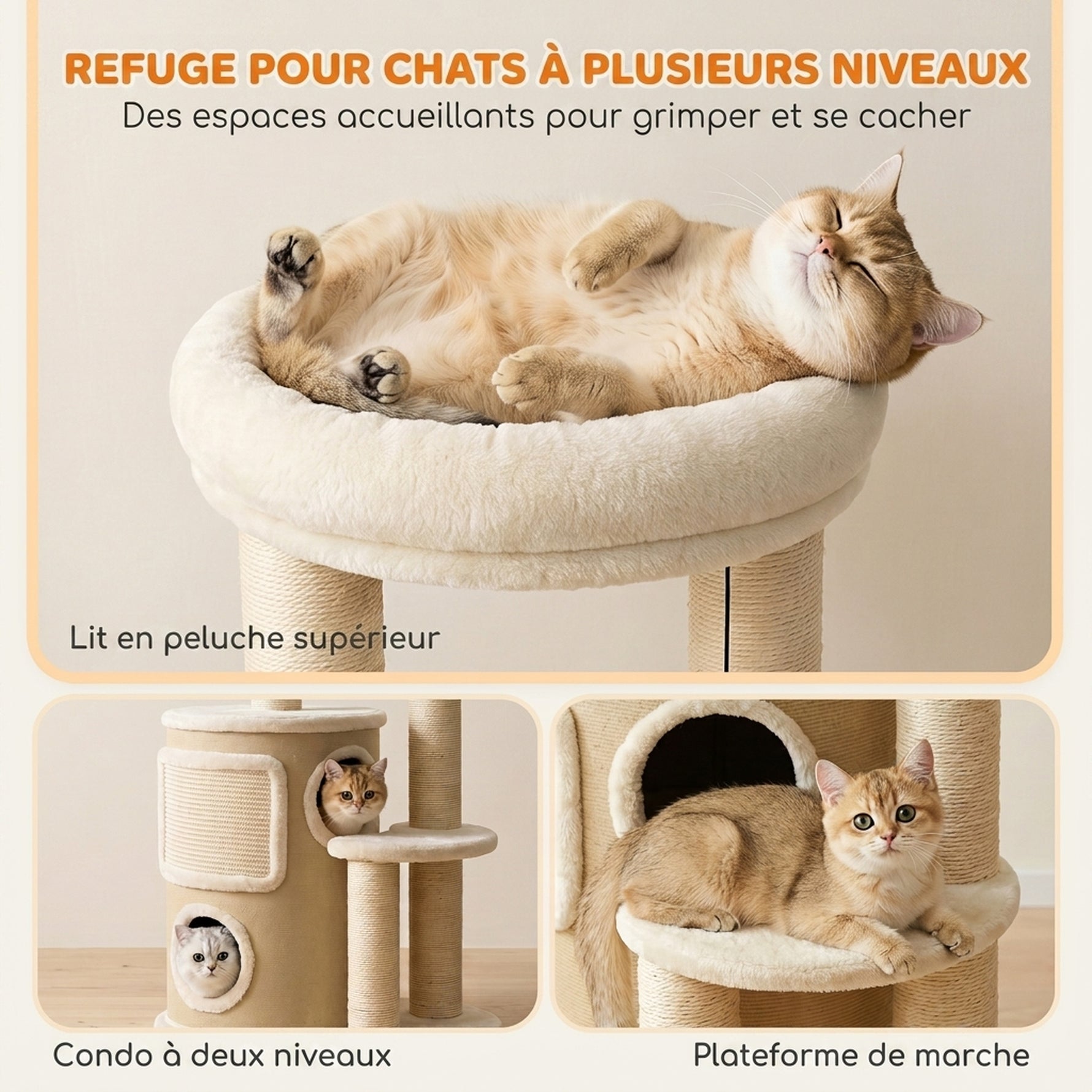 Arbre à Chat Multi-Niveaux avec Tonneau, Double Niche, Lit, Plateforme, Poteaux à Griffer en Sisal, 55x39x90cm, Beige