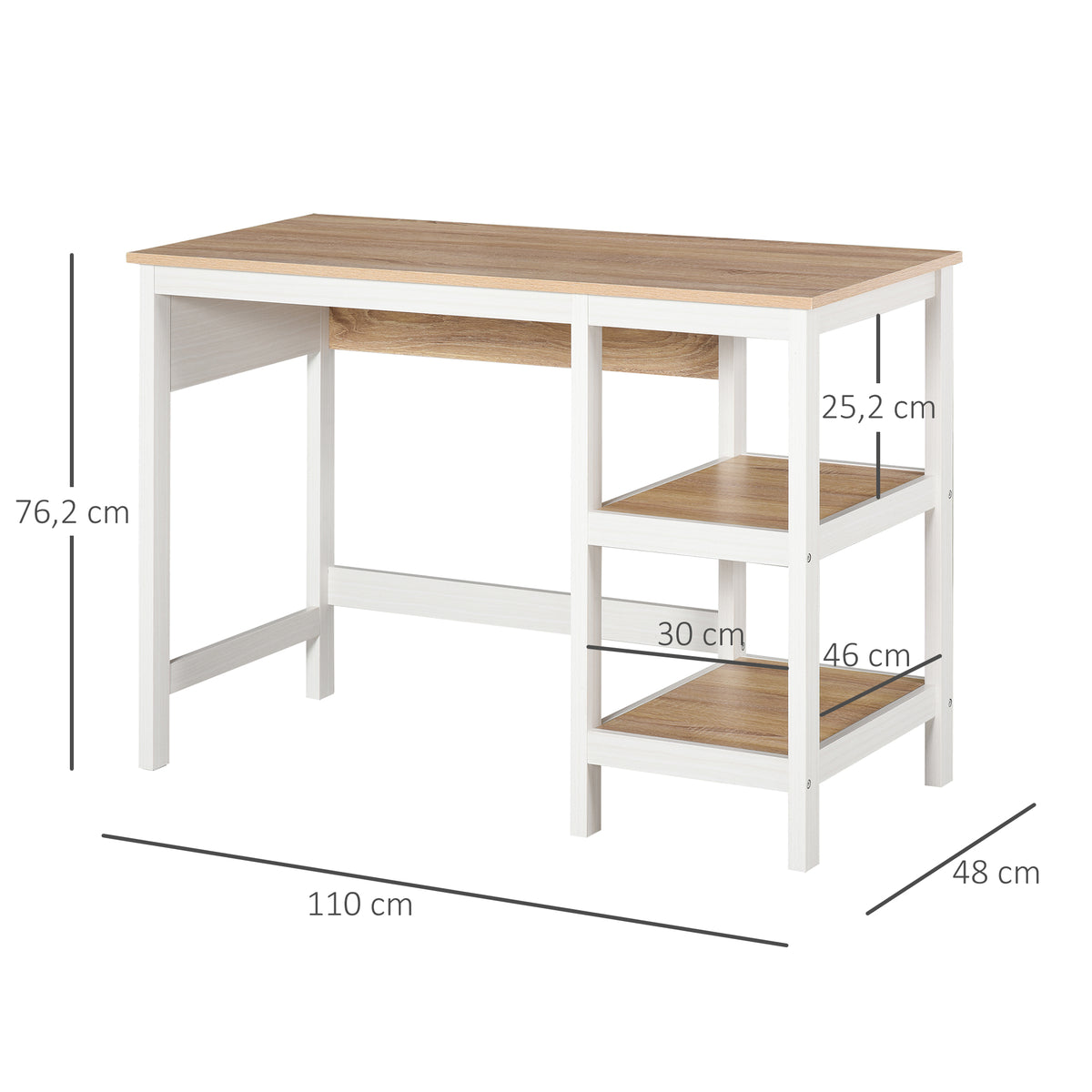 Multimedia-Computertisch, Maße 110L x 48B x 76H cm, 2 seitliche Ablagen, MDF E1, helle Eiche/Weiß