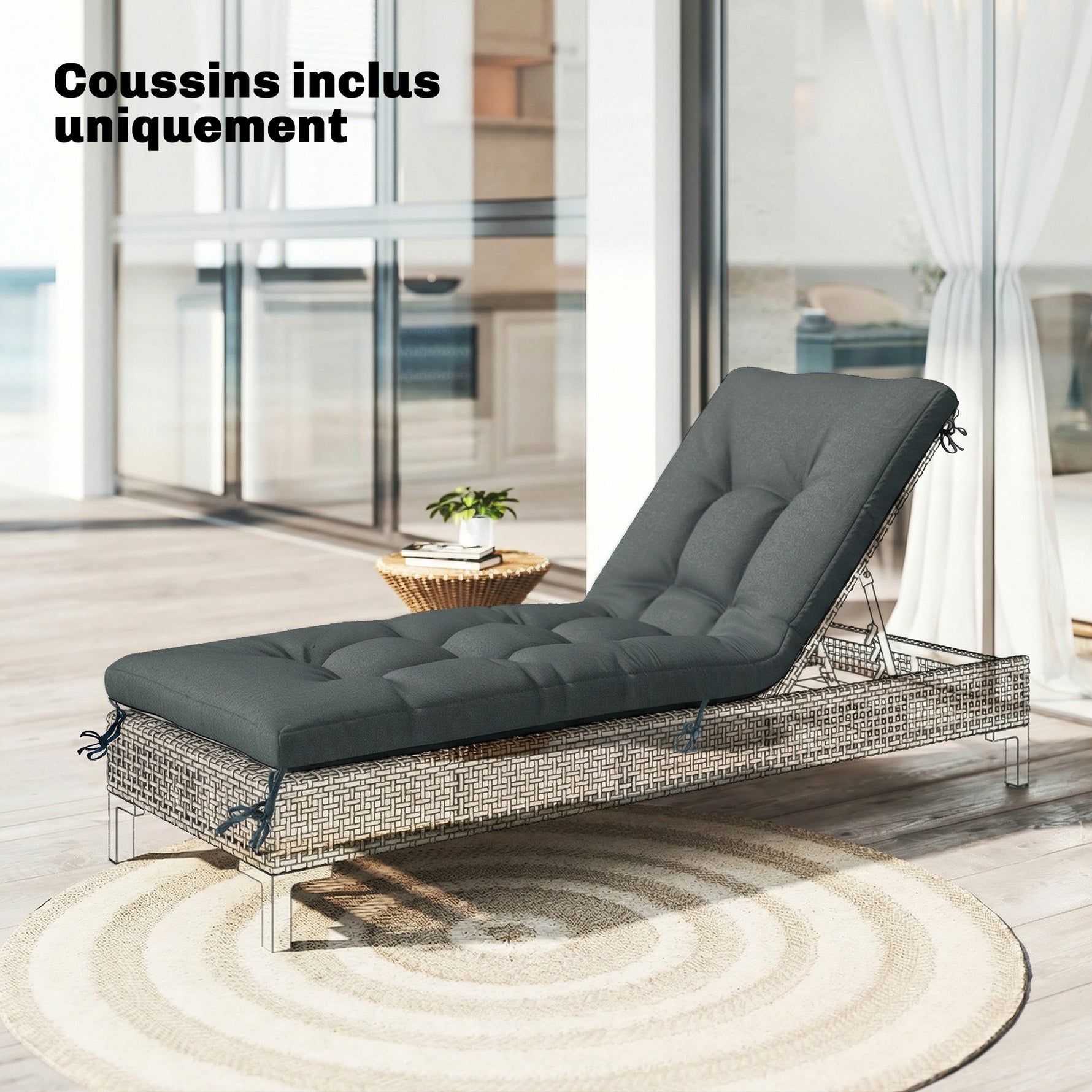 Coussin Bain de Soleil Chaise Longue en Mousse à Mémoire avec Sangles, Protection UV50+, 198x65x13cm, Gris foncé