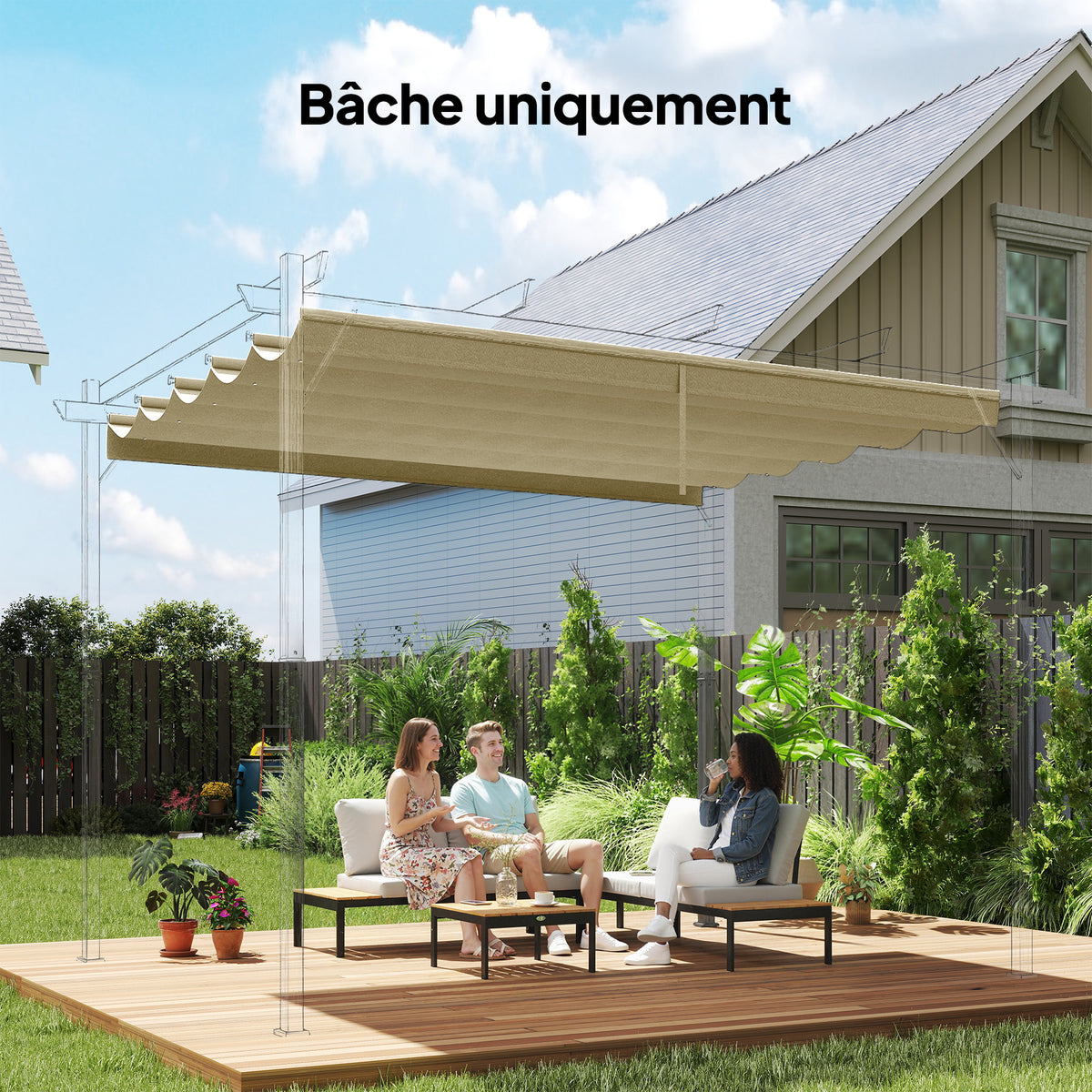 Toile de toit pour pergola tonnelle rétractable de 3 x 3 m - toile uniquement 250 x 255 cm beige
