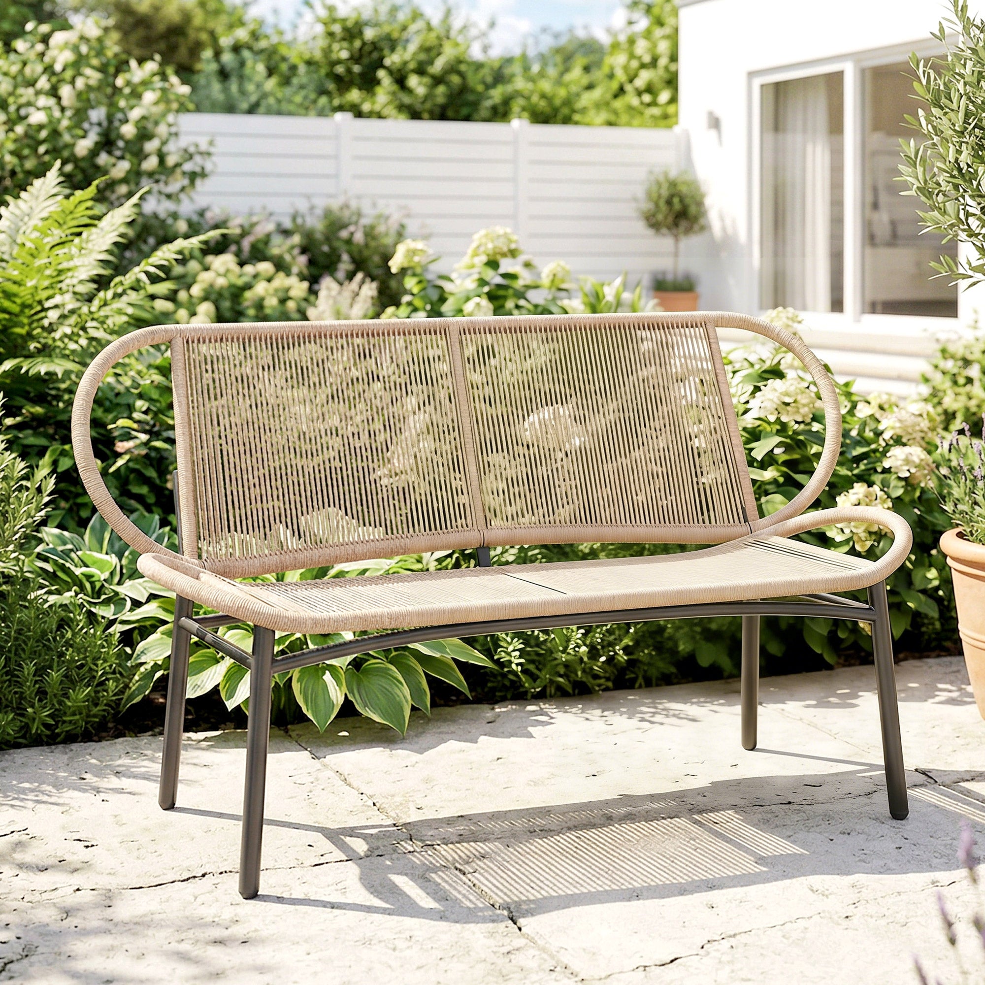 2-seater garden bench, rattan-effect outdoor bench with metal frame, weather-resistant, natural