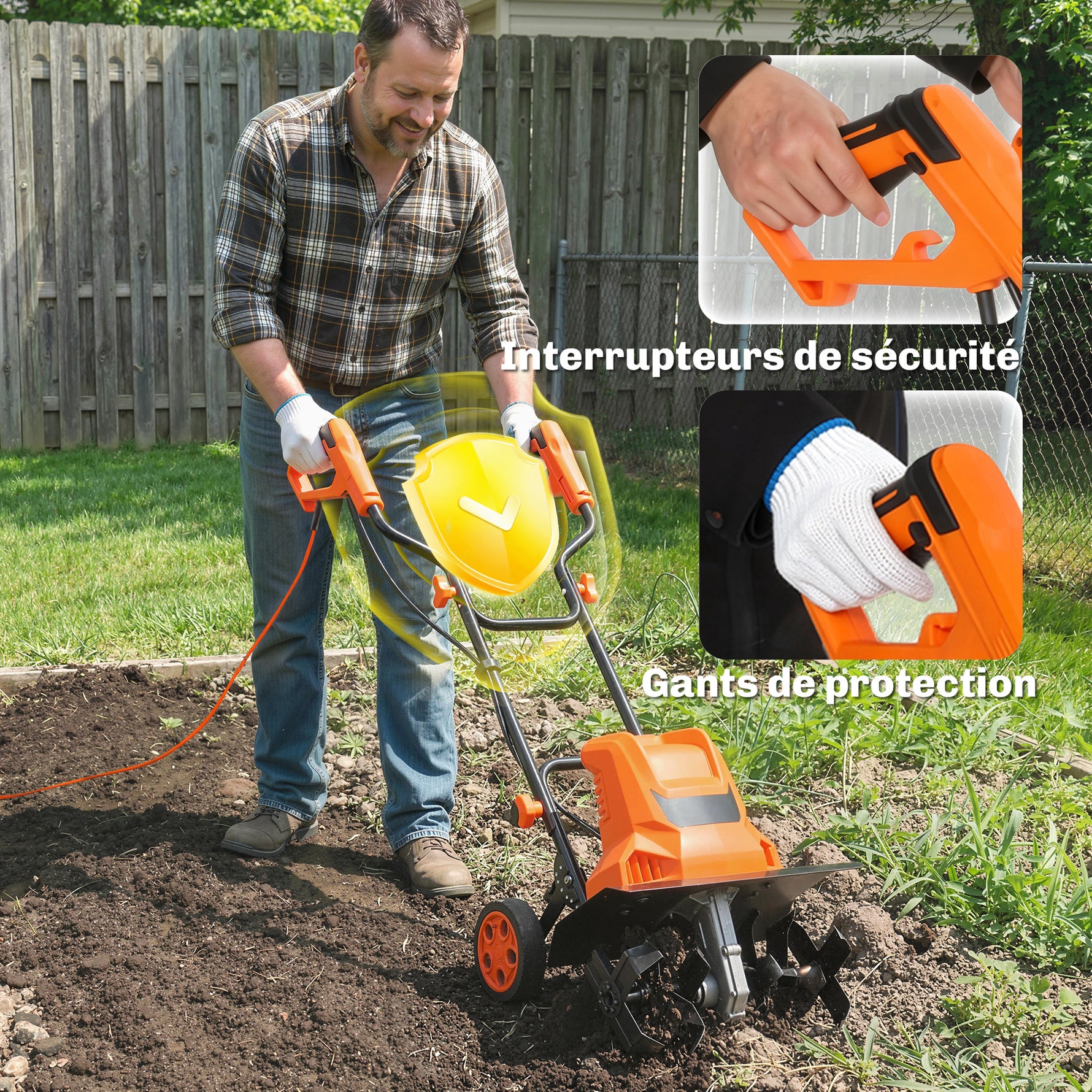Motobineuse Électrique Motoculteur 1500W 6 Lames 65Mn Largeur 40cm Profondeur 20cm Pliable et Étanche IPX4 Orange