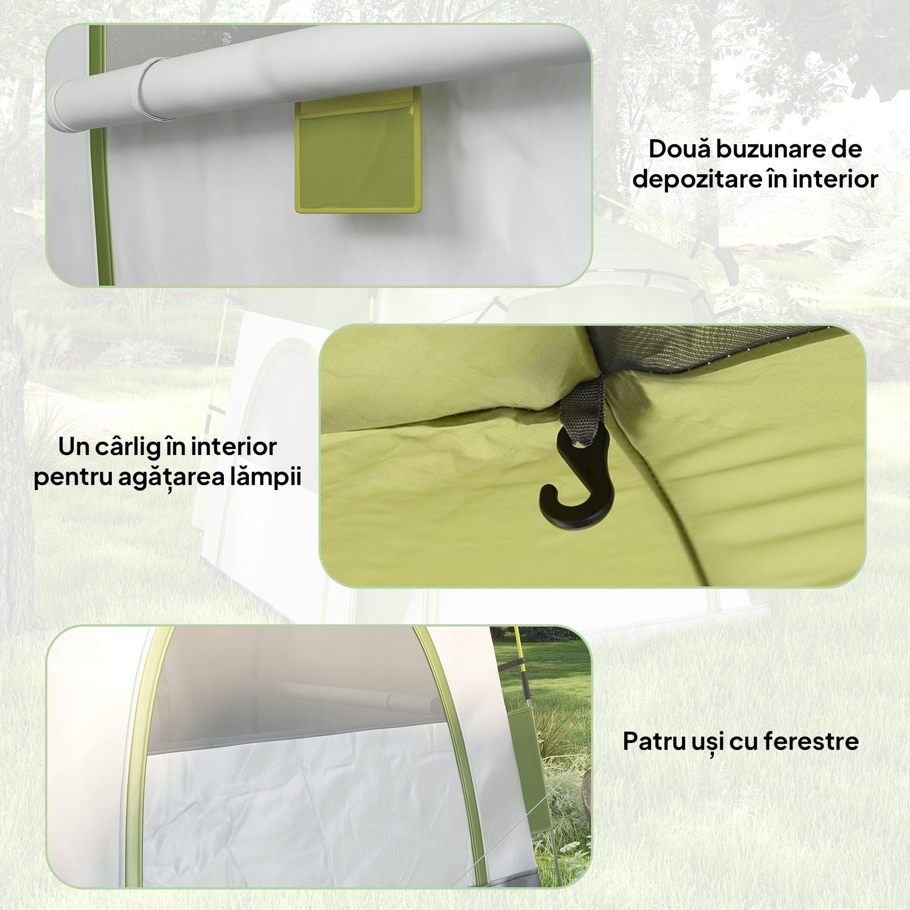 Tente de camping pop-up 3 personnes, dôme familiale avec 4 portes, 4 fenêtres et sac de transport – Vert et gris