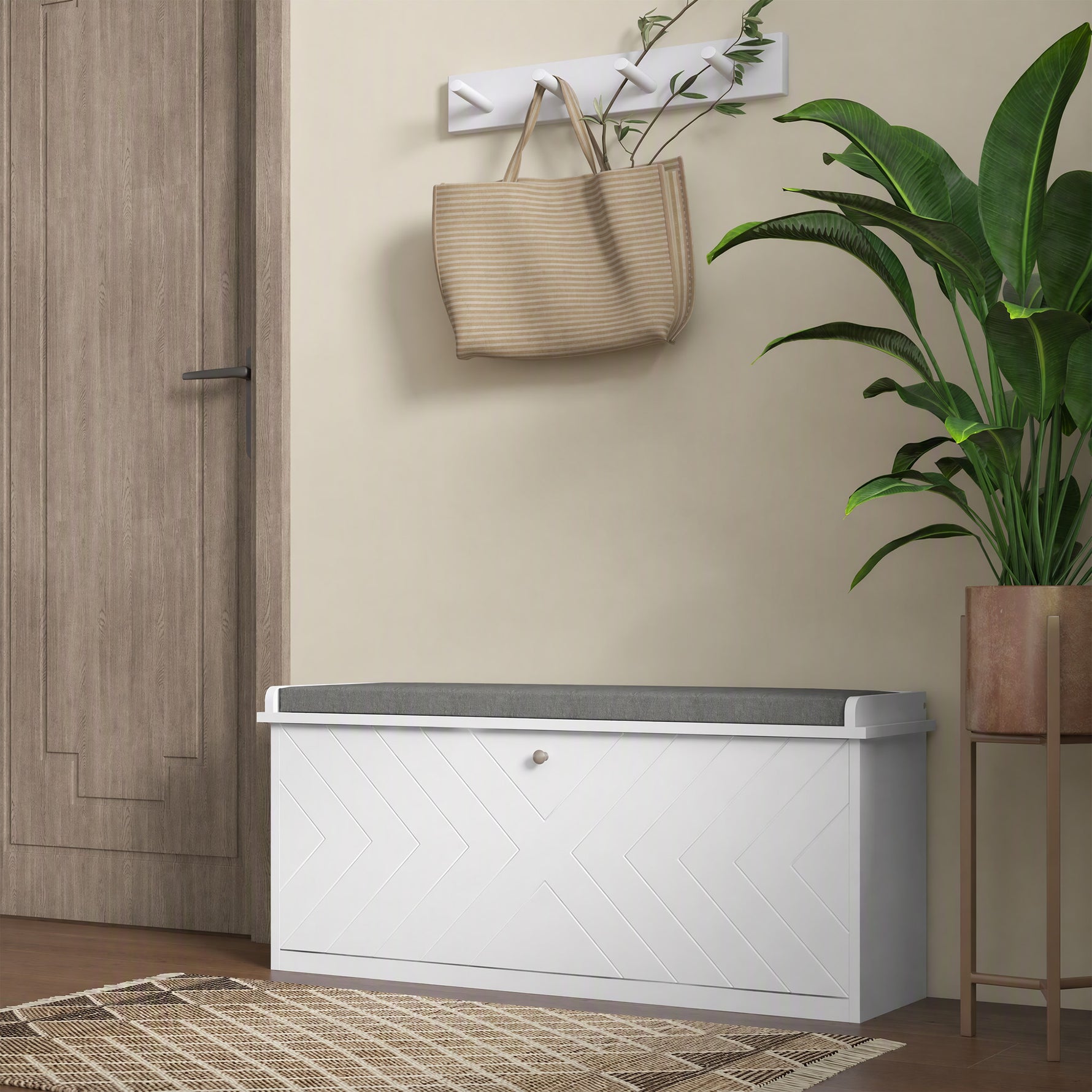 Banc à chaussures avec tiroir rabattable, coussin d'assise et étagère réglable, 100 x 26 x 48 cm, blanc