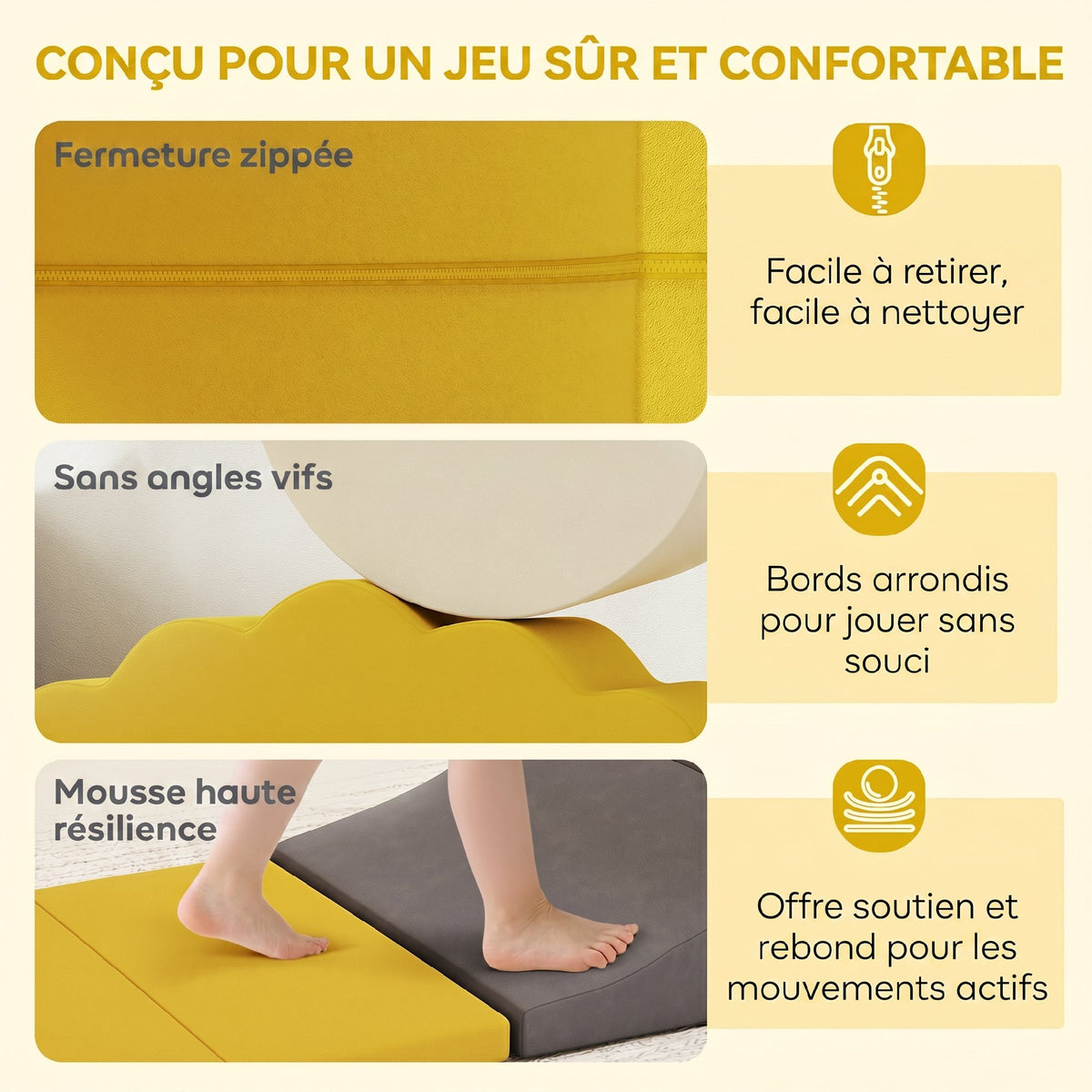 Parcours motricité bébé blocs mousse éducatifs modulables 7 pièces housse lavable en velours base antidérapante jaune