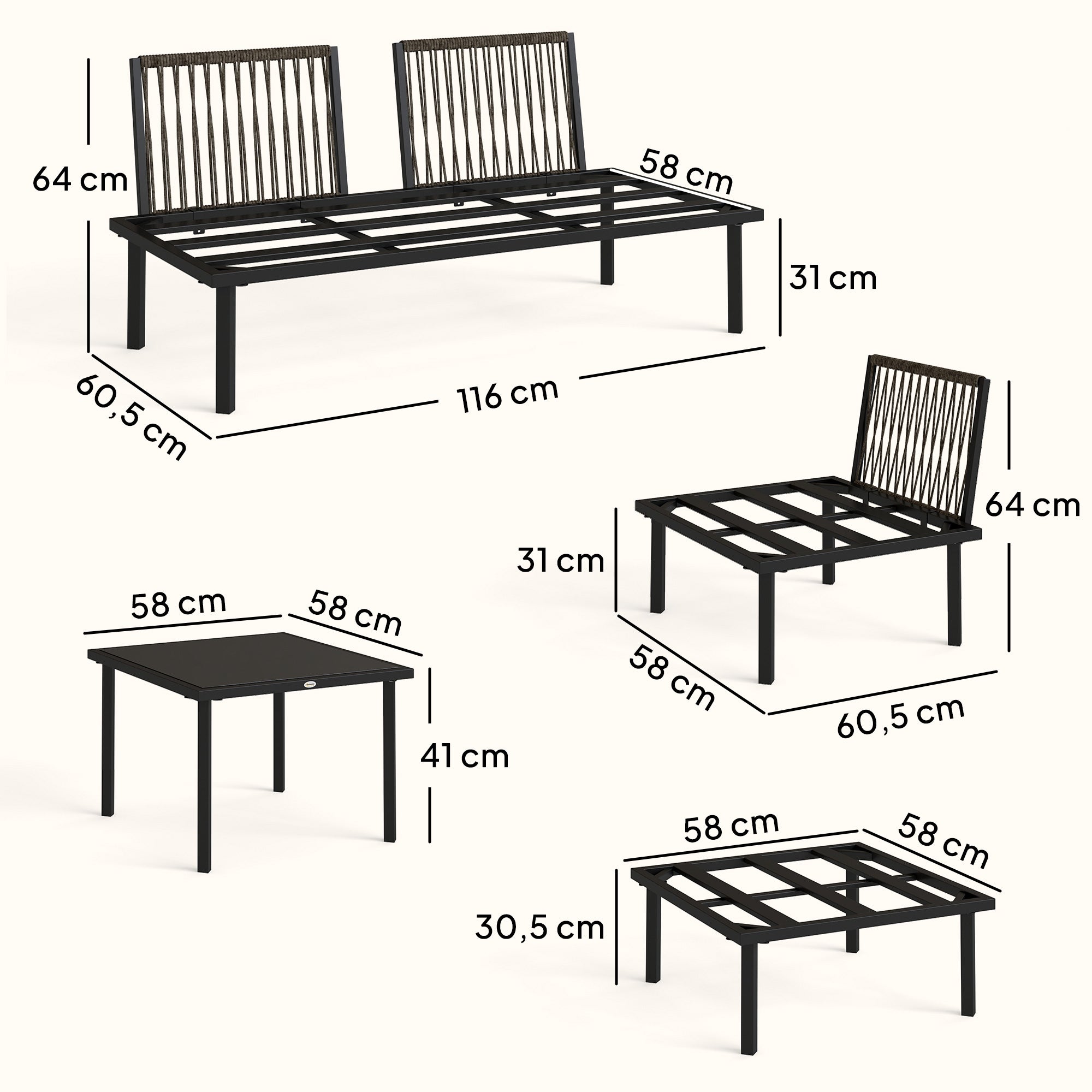 Salon de jardin extérieur d'angle modulable 6 personnes, table basse avec plateau en verre trempé, gris clair