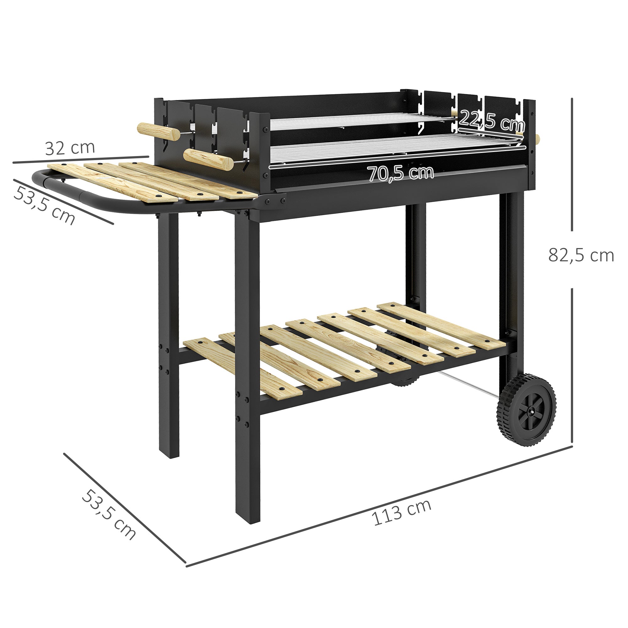 Barbecue a carbone con supporto, doppia griglia regolabile, 2 ruote e 2 ripiani, dim. 113L x 53,5P x 82,5A cm, nero