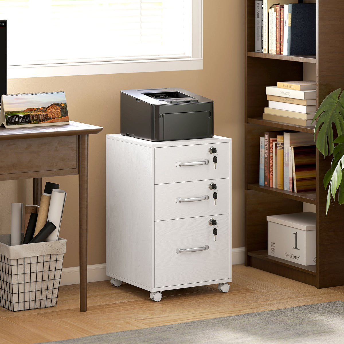 Caisson de Bureau Mobile avec 3 Tiroirs Verrouillables, Caisson de Rangement sur Roulettes, 40 x 40 x 69,5 cm, Blanc