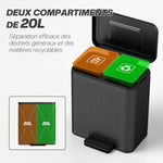 Poubelle à double compartiment 2 x 20L, poubelle de cuisine à pédale, seaux intérieurs amovibles, 45,5x36,5x51cm, noir