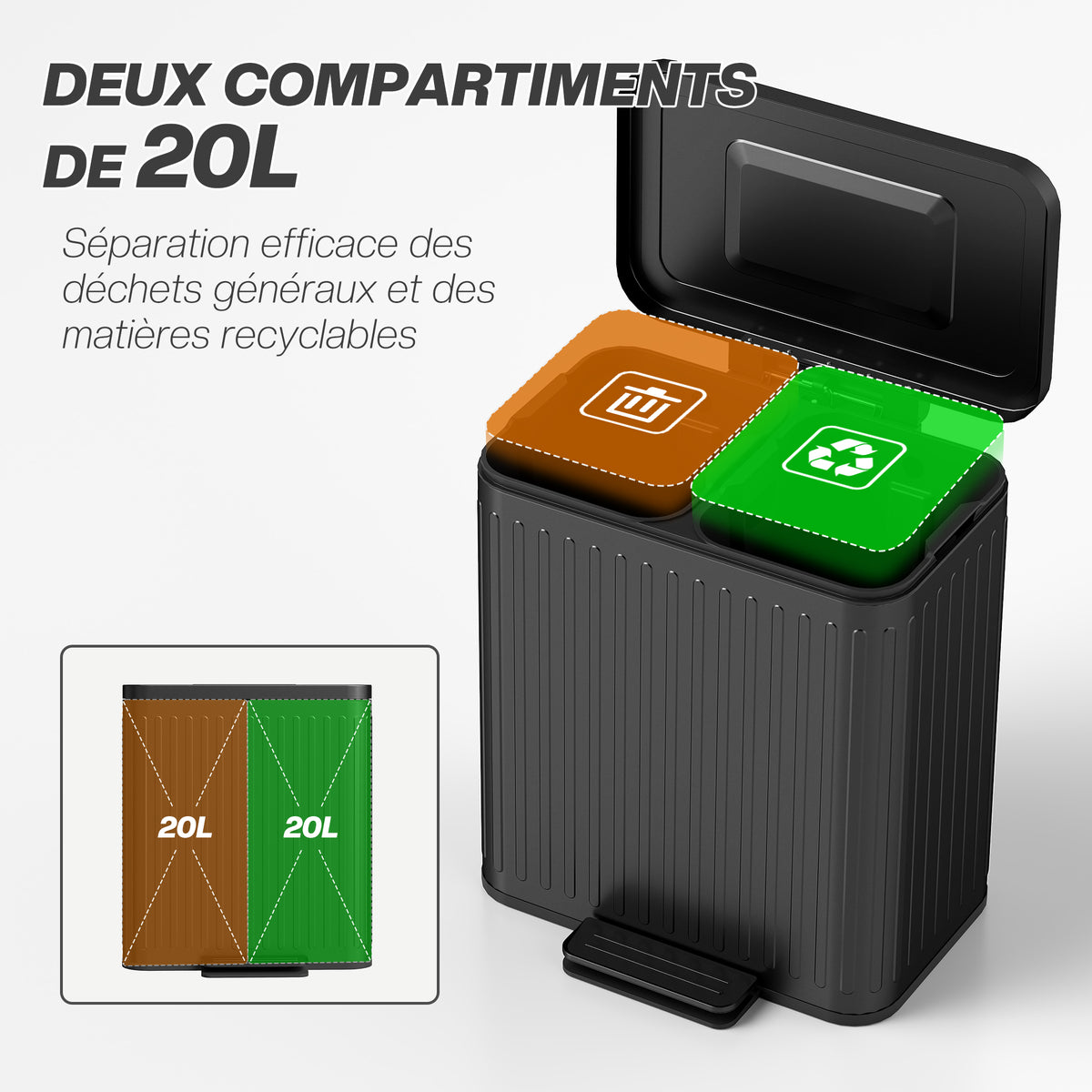 Poubelle à double compartiment 2 x 20L, poubelle de cuisine à pédale, seaux intérieurs amovibles, 45,5x36,5x51cm, noir