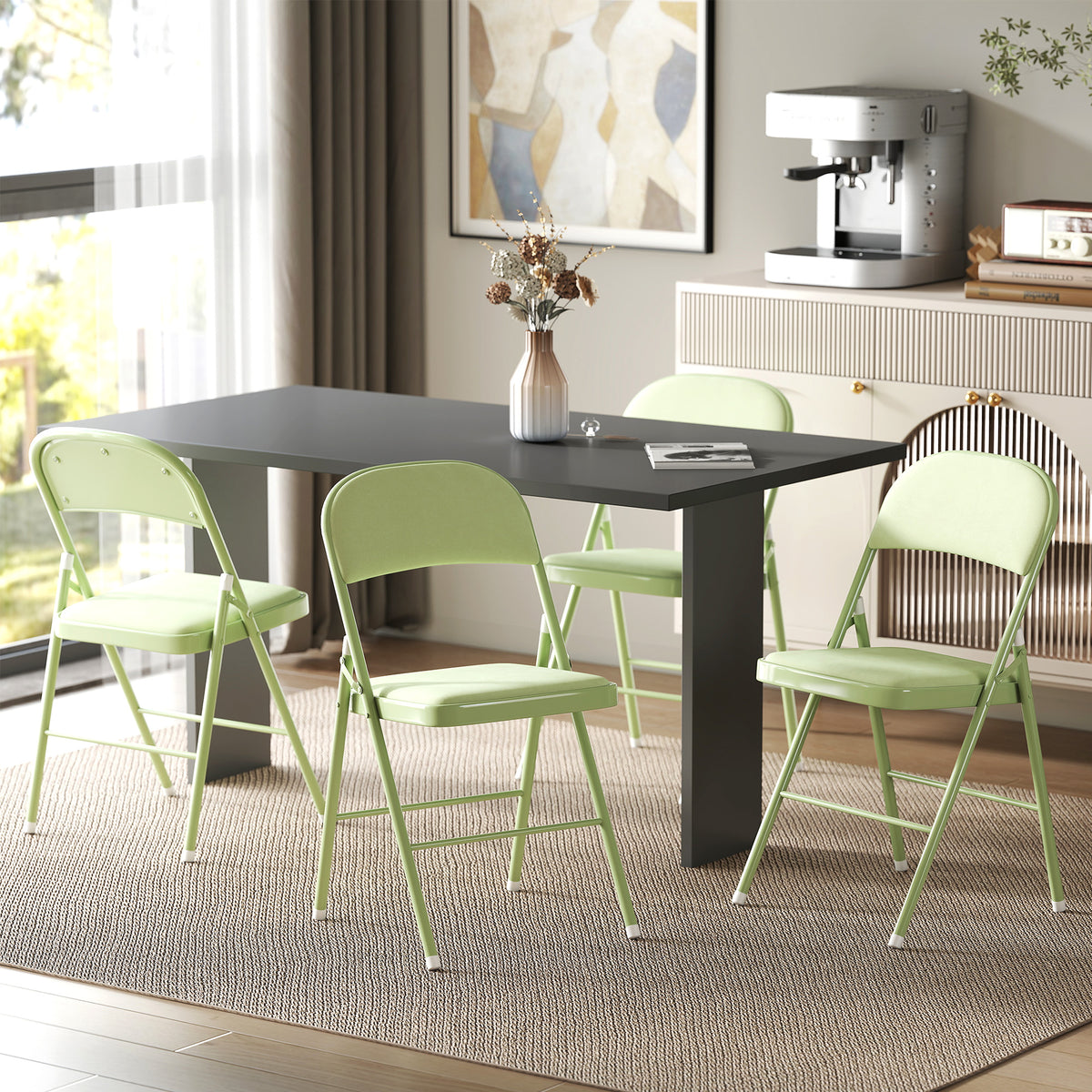 Lot de 4 chaises pliantes et portables intérieur avec assises et dossiers rembourrés en velours, cadre en acier, vert