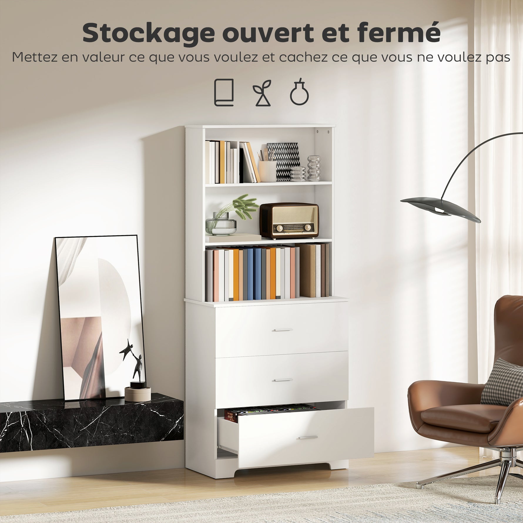 Bibliothèque à 6 niveaux, meuble de rangement avec 3 tiroirs et 3 étagères ouvertes, 79 x 39,5 x 182,2 cm, blanc
