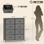 Commode 8 tiroirs en tissu, meuble de rangement avec 4 poches, 2 crochets, structure en acier, 86 x 30 x 94,5 cm, gris