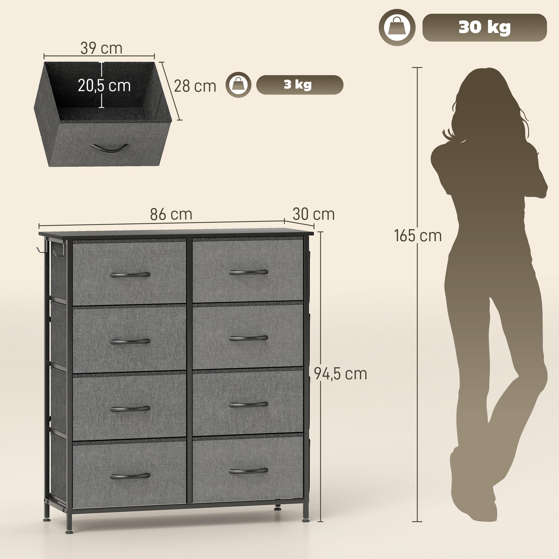 Commode 8 tiroirs en tissu, meuble de rangement avec 4 poches, 2 crochets, structure en acier, 86 x 30 x 94,5 cm, gris
