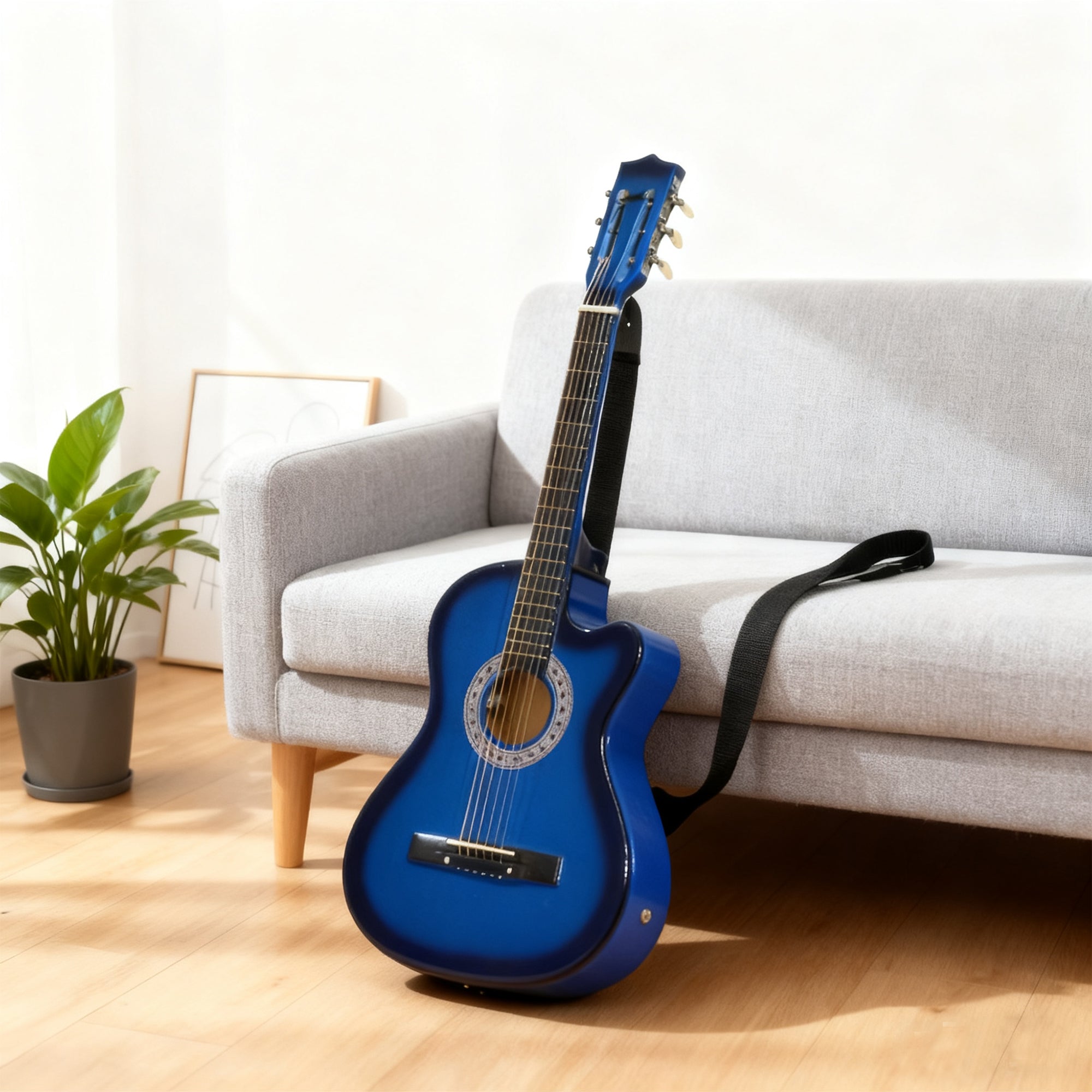 Electric guitar pack, electric guitar kit with bag, strap, strings, picks, cable, 96.5x35.8x8.5cm, blue and black