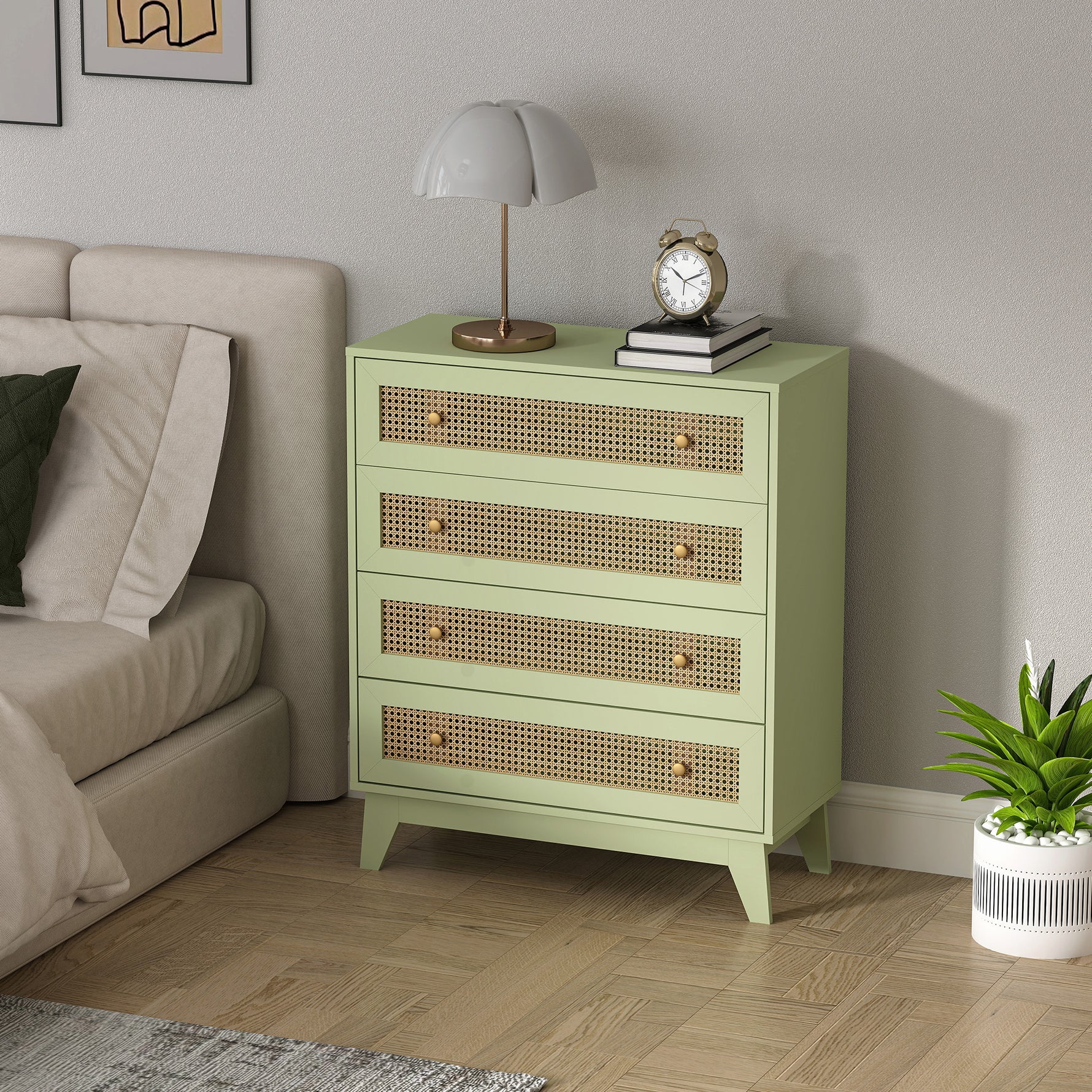 Commode 4 tiroirs meuble de rangement cannage en rotin aspect bois clair 80 x 35 x 95 cm vert