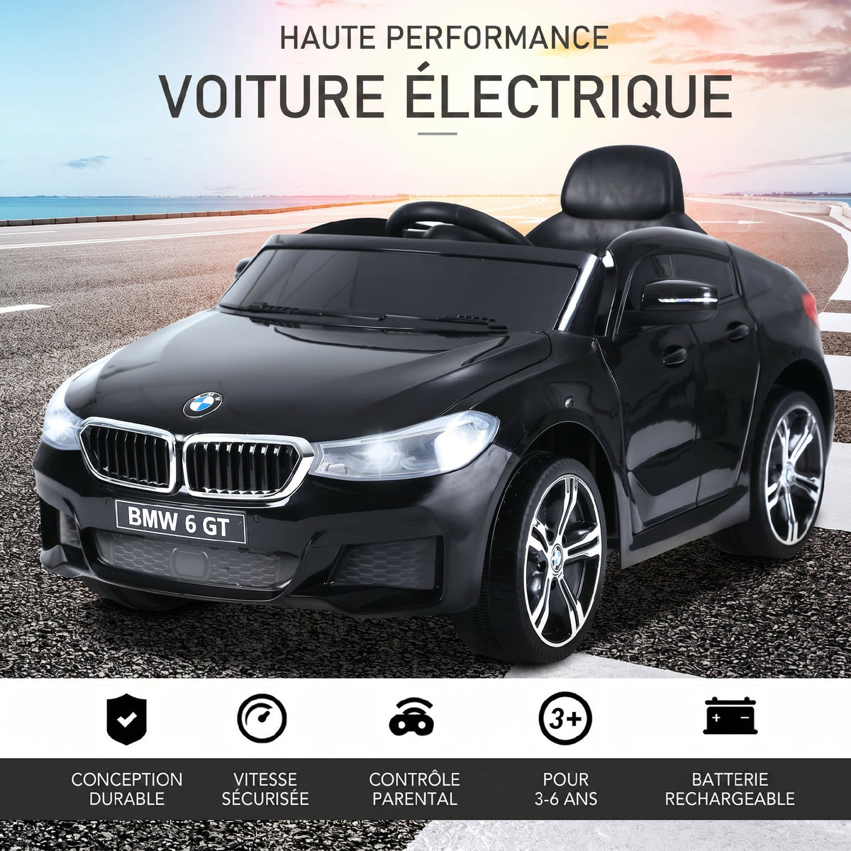 Voiture électrique Enfants 6 V 3 Km/h Max. Effets sonores et Lumineux télécommande Incluse Noir BMW 6 GT