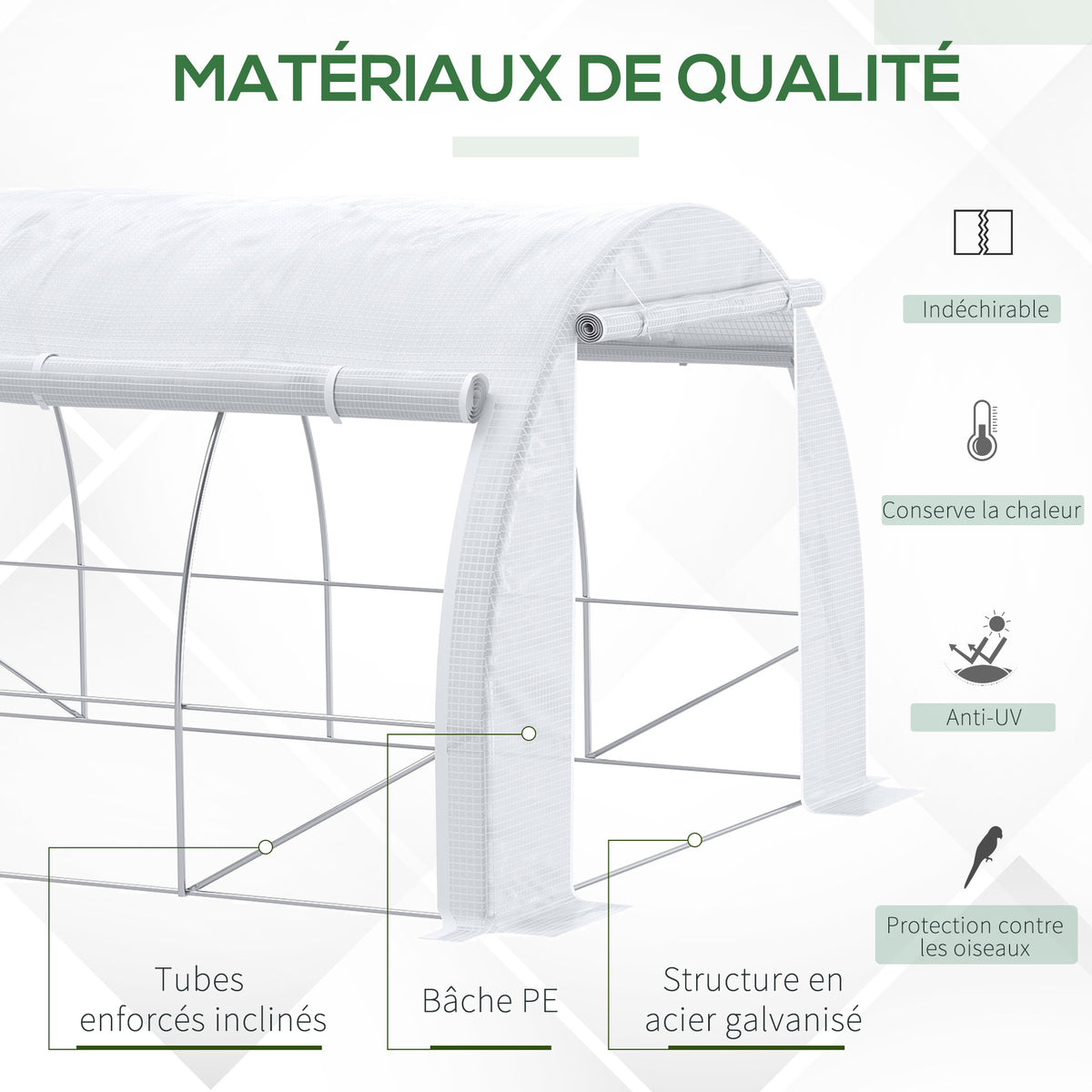 Serre de jardin serre tunnel 12 m² avec porte, parois latérales enroulables 8 fenêtres acier PE  4 x 3 x 2 m blanc
