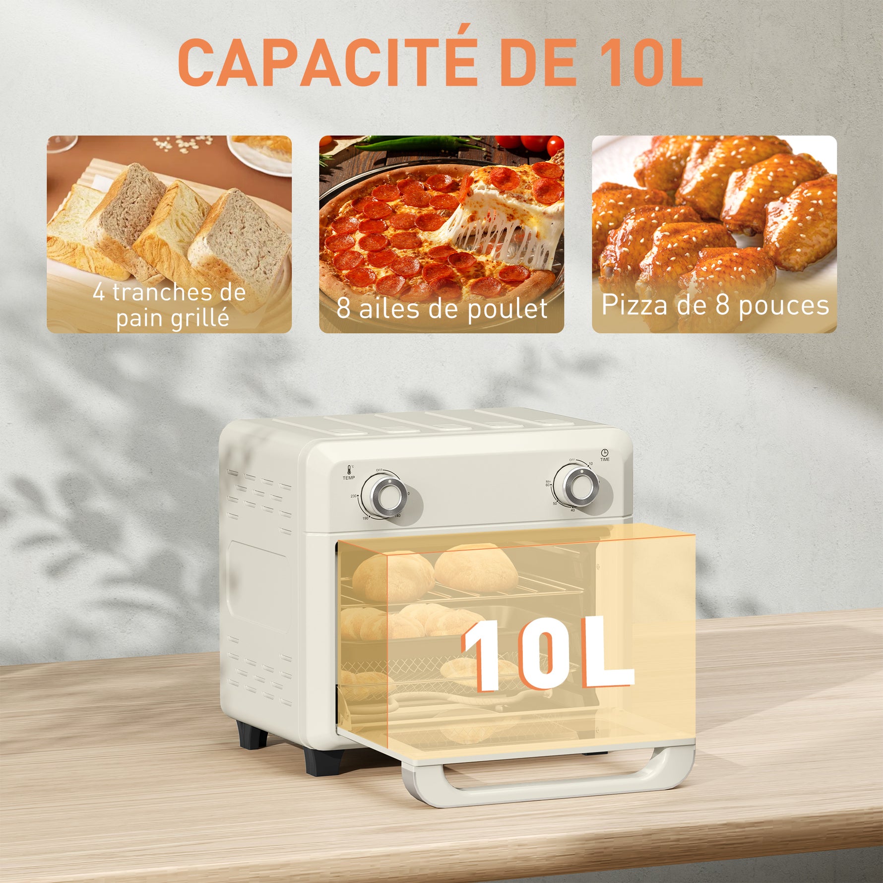 10L Friteuse sans huile mini four à air chaud 1 000 W avec température réglable 80°C-230°C, minuterie, 32x27,2x29,8cm