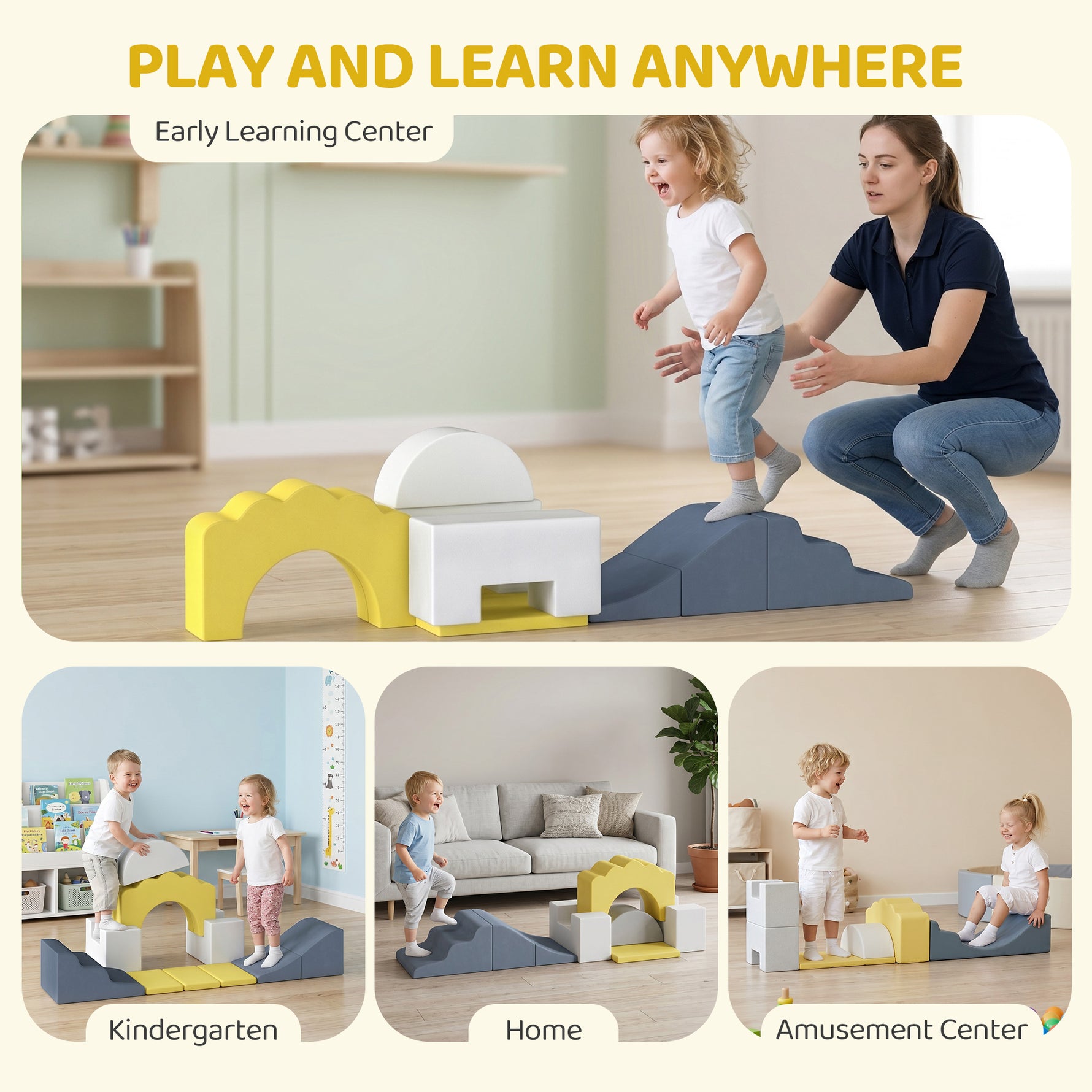 Parcours motricité bébé blocs mousse éducatifs modulables 7 pièces housse lavable en velours base antidérapante jaune
