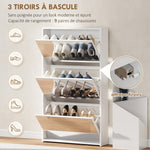 Meuble à chaussures 9 paires, armoire à chaussures étroite, 3 tiroirs rabattables et portes miroirs, 65x17x114,5cm blanc