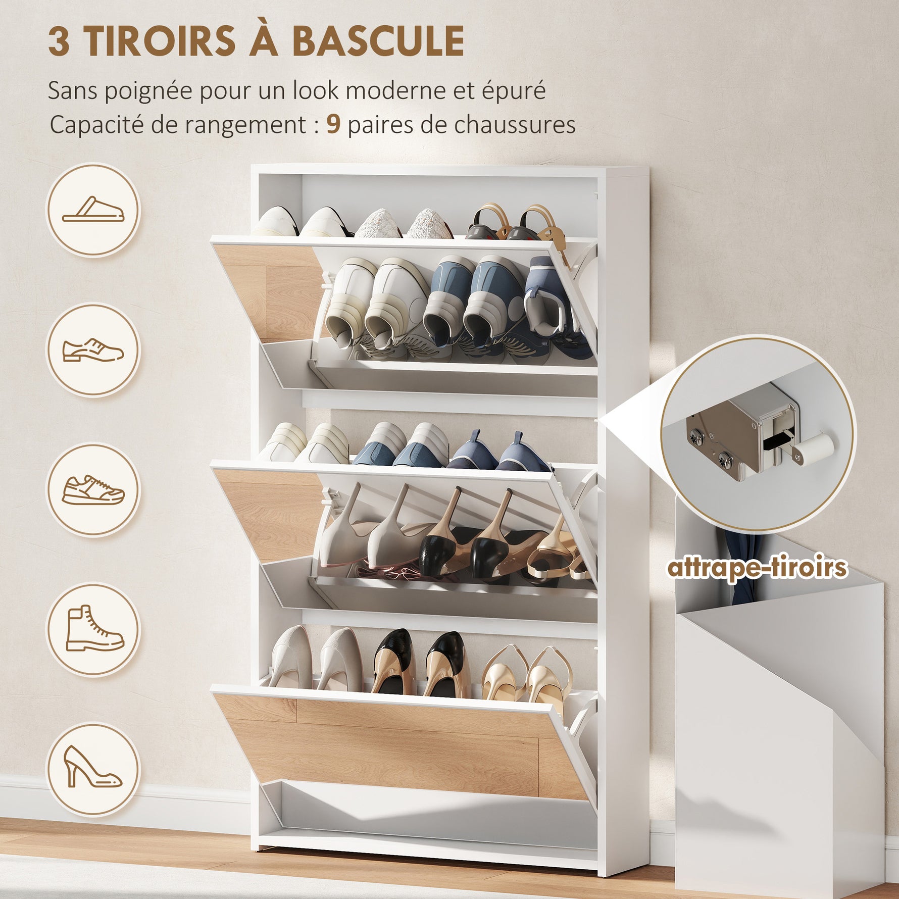 Meuble à chaussures 9 paires, armoire à chaussures étroite, 3 tiroirs rabattables et portes miroirs, 65x17x114,5cm blanc