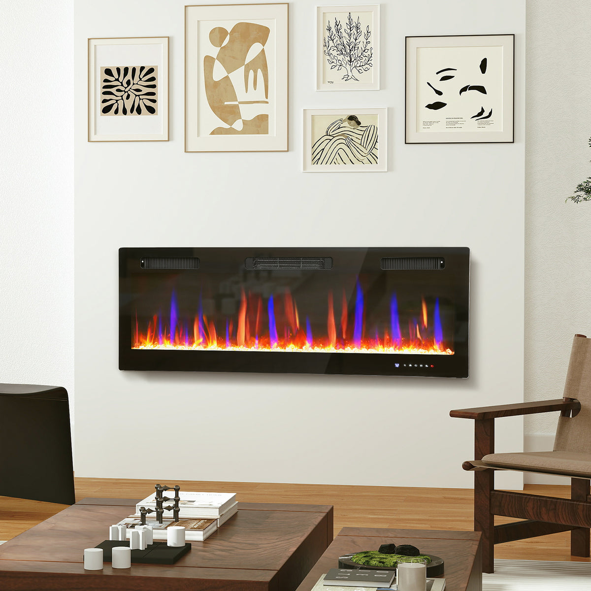 Cheminée électrique mural ou encastrable 900W/1800W, effet flamme à 12 couleurs 5 luminosités, 127 x 9,4 x 47 cm, noir