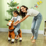 Cavallo giocattolo per bambini a rotelle con sella rialzata per bambini 3-5 anni, portata 60 kg, 70 x 28 x 70 cm, marrone