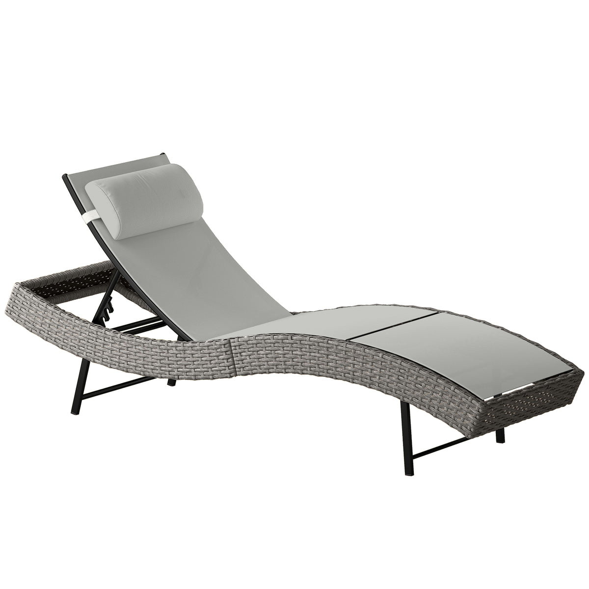 Chaise longue en résine tressé, bain de soleil avec dossier réglable 5 positions et appui-tête, 198 x 61 x 44 cm, gris