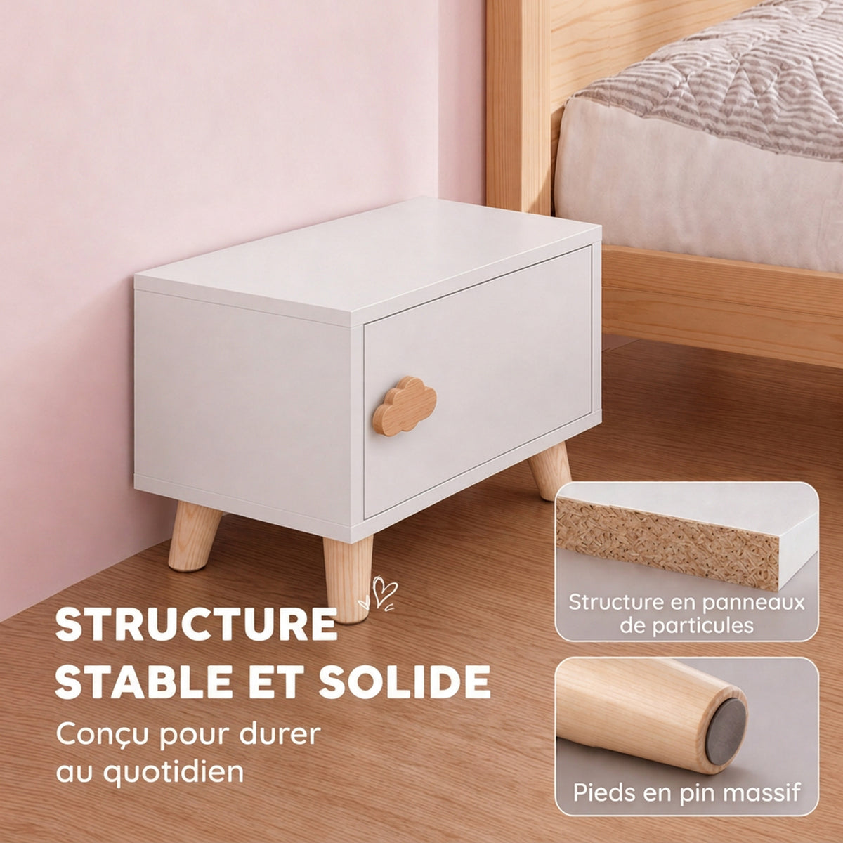 Comodino per Bambini con Cassetto, Maniglia a Forma di Nuvola, per Cameretta, 34 x 31 x 25 cm, Bianco