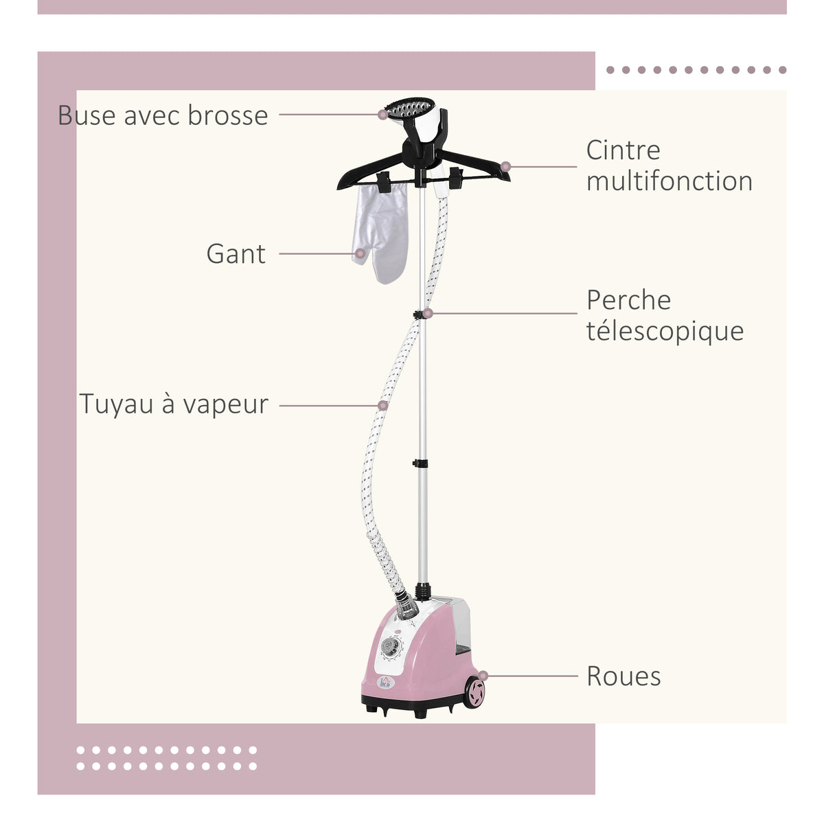 Défroisseur vapeur vertical défroisseur à vêtements 1,4 L 1950 W débit vapeur 32g/min tige telescopique rose noir