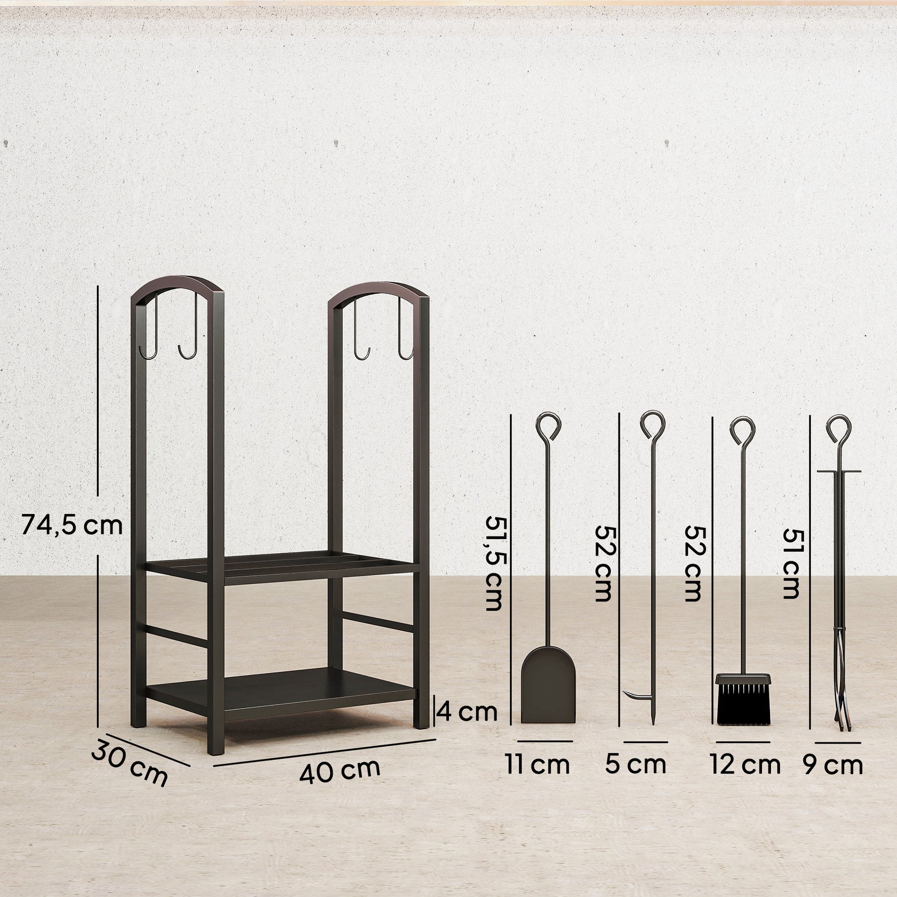 Porte bûches - Range bûches Serviteur de cheminée - Multi Accessoires 2 étagères 40L x 30l x 75H cm métal Noir