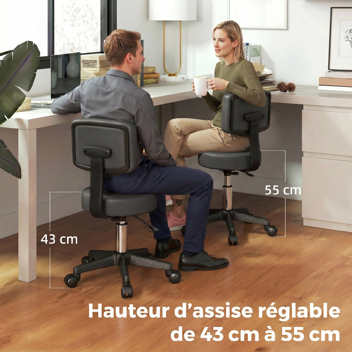 Tabouret massage a roulettes reglable en hauteur pivotant avec dossier ergonomique gris
