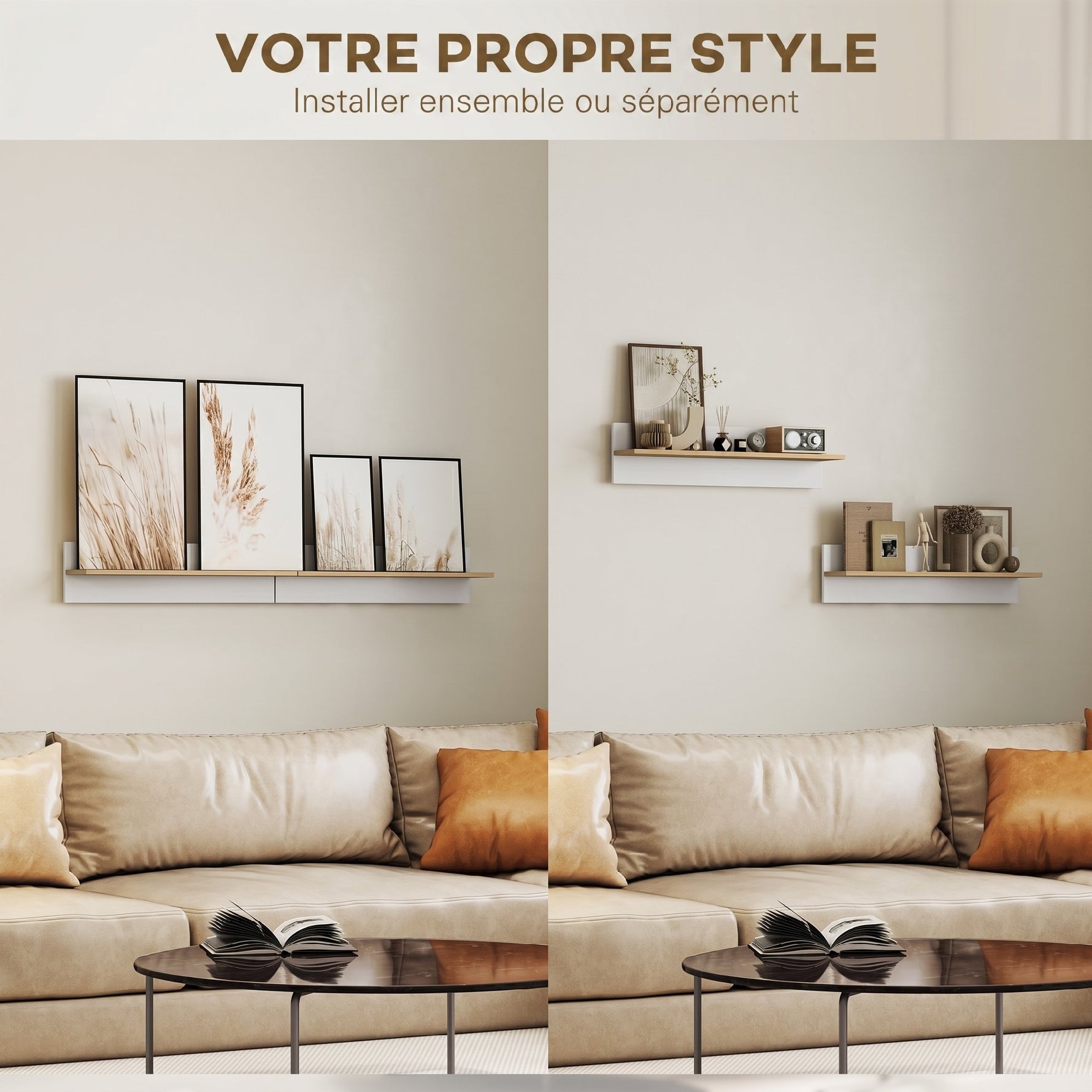 Lot de 2 étagères murales de 80 cm, étagères flottantes pour salon, entrée, chambre et cuisine, blanc et bois naturel