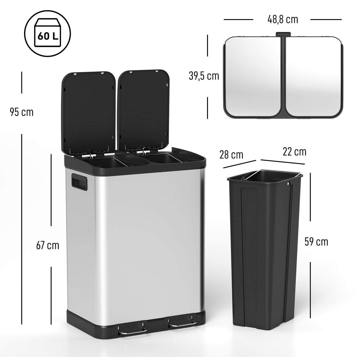 Poubelle de cuisine à double compartiment 2 x 30L avec pédale en acier inoxydable, couvercle à fermeture douce, argent