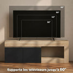 Meuble TV 2 portes pour téléviseurs jusqu'à 60 pouces, meuble télé avec placard et étagère ouverte, noir