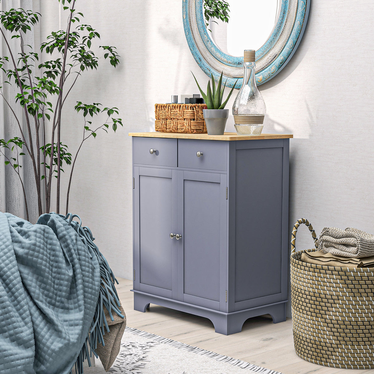 Opbergmeubel dressoir woonkamer met kasten, 2 lades en verstelbare planken, 68x40,3x85cm, grijs en naturel hout