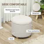 Pouf coffre rangement, tabouret rond, pouf repose-pieds en tissu bouclette, charge 120 Kg, Ø 45 x 41 cm, blanc