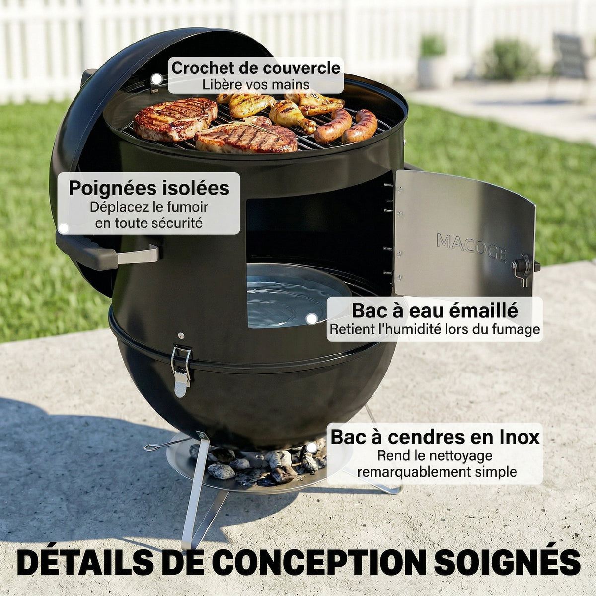 Fumoir 3 en 1 avec 3 Grilles de Cuisson, Thermomètre Intégré, Ventilation Réglable, 62,5x47,5x91cm, Noir