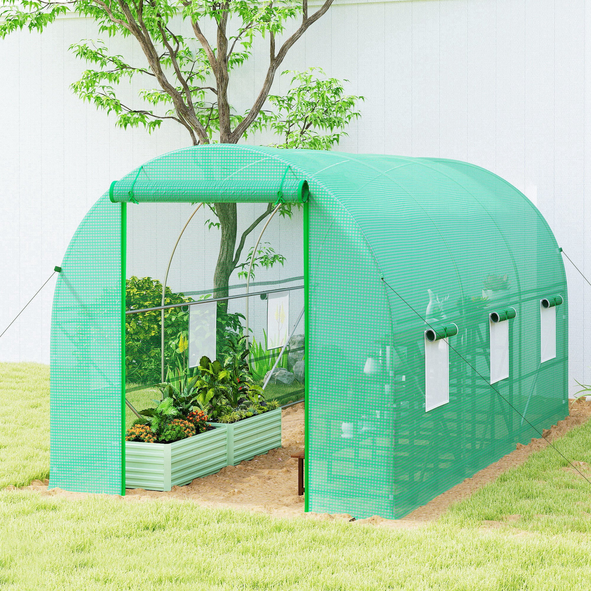Serre tunnel de jardin 8 m², serre de jardin tunnel avec porte et 6 fenêtres, bâche PE 140 g/m² 400 x 200 x 200 cm vert