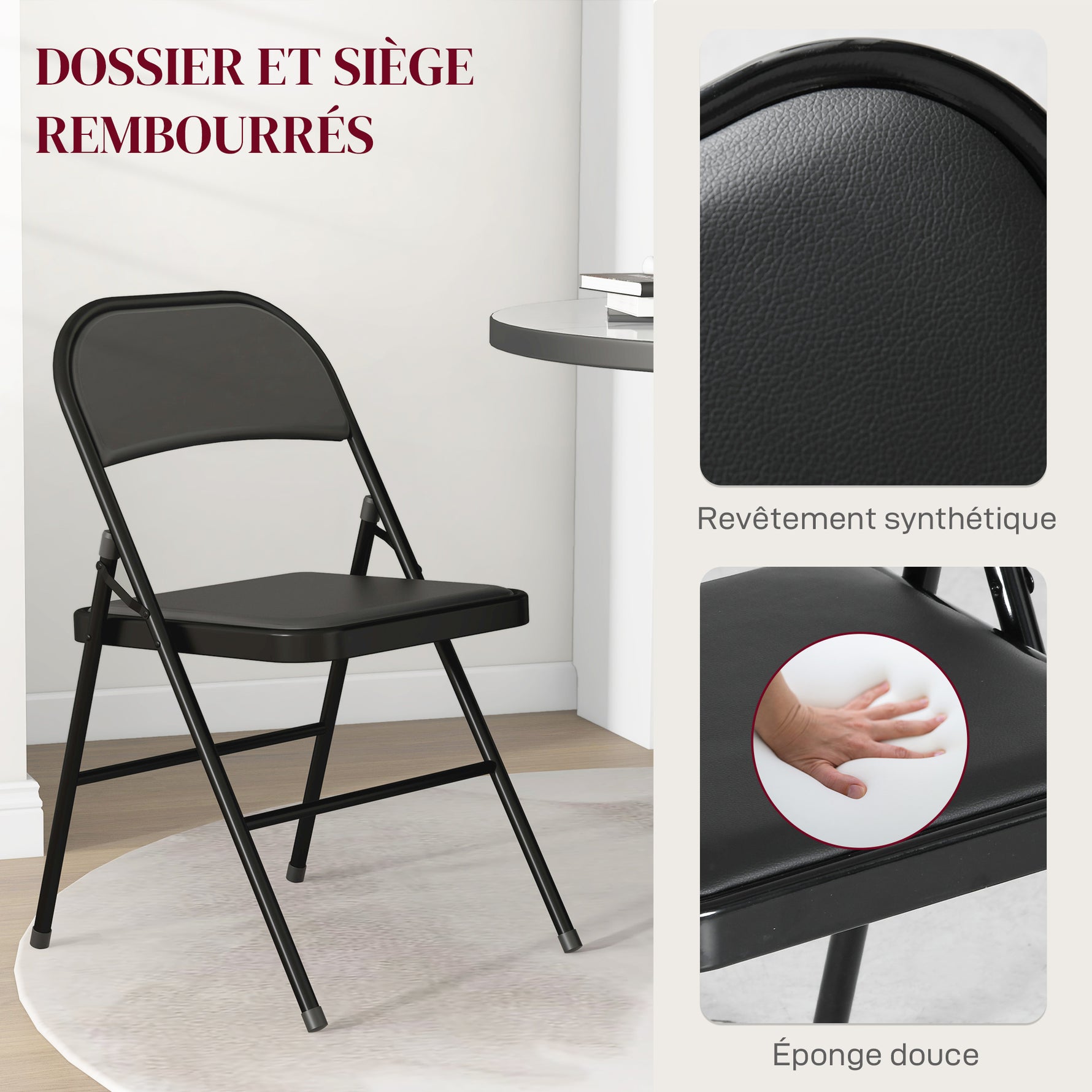 Lot de 2 chaises pliantes chaises de salle à manger portables cadre en acier dim. 45l x 46P x 78H cm noir